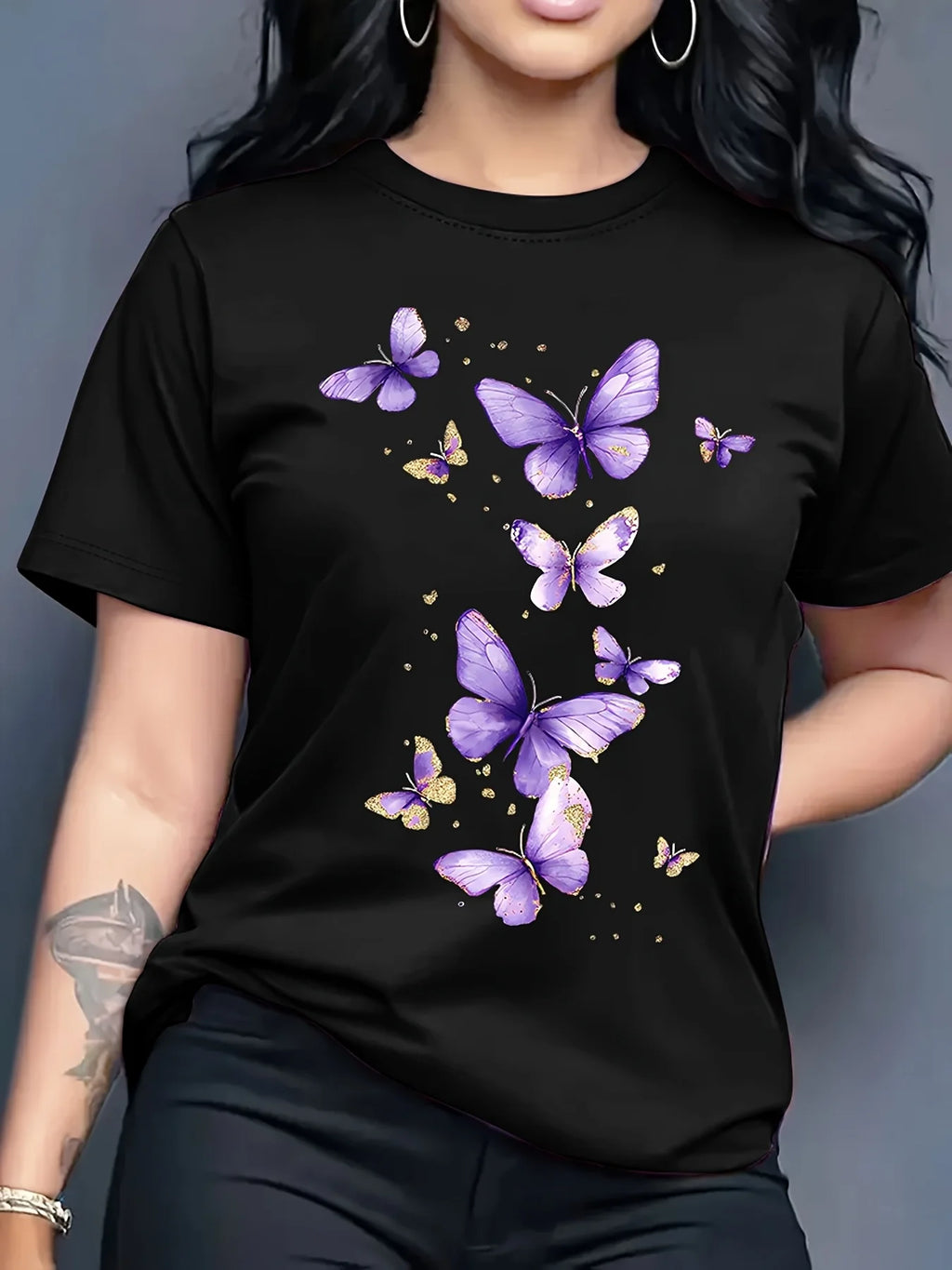 Butterfly Print T-shirt Short Sleeve Crew Neck Casual Top for Summer Spring Women's Clothing Harajuku Short Sleeve Casual