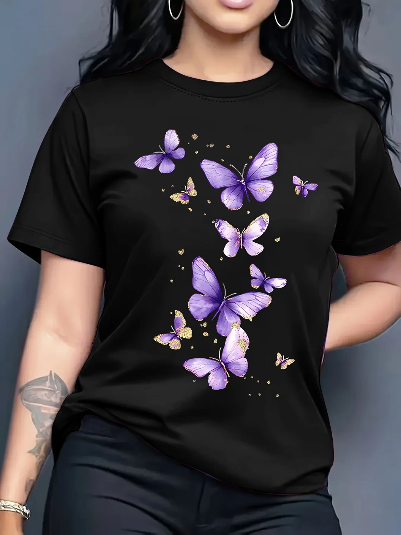 Butterfly Print T-shirt Short Sleeve Crew Neck Casual Top for Summer Spring Women's Clothing Harajuku Short Sleeve Casual