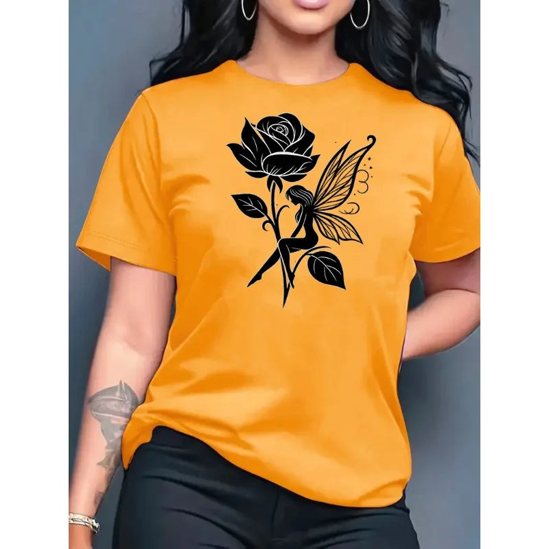 Pure Cotton Breathable Children's T-shirt 2026 Summer Retro Rose Elf Print Casual Parent-child Outfit for Boys and Girls