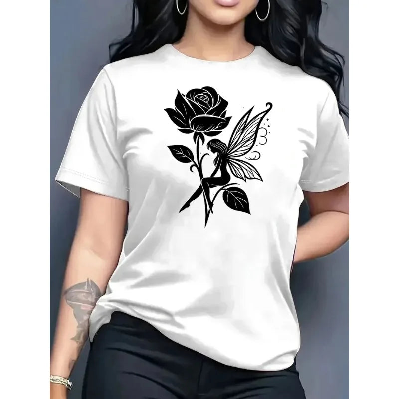 Pure Cotton Breathable Children's T-shirt 2026 Summer Retro Rose Elf Print Casual Parent-child Outfit for Boys and Girls