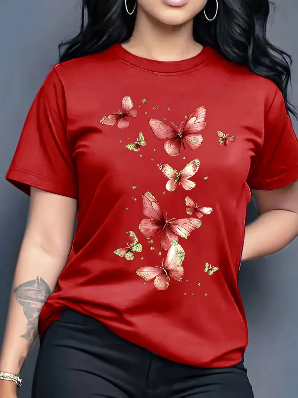 Butterfly Print T-shirt Short Sleeve Crew Neck Casual Top for Summer Spring Women's Clothing Harajuku Short Sleeve Casual