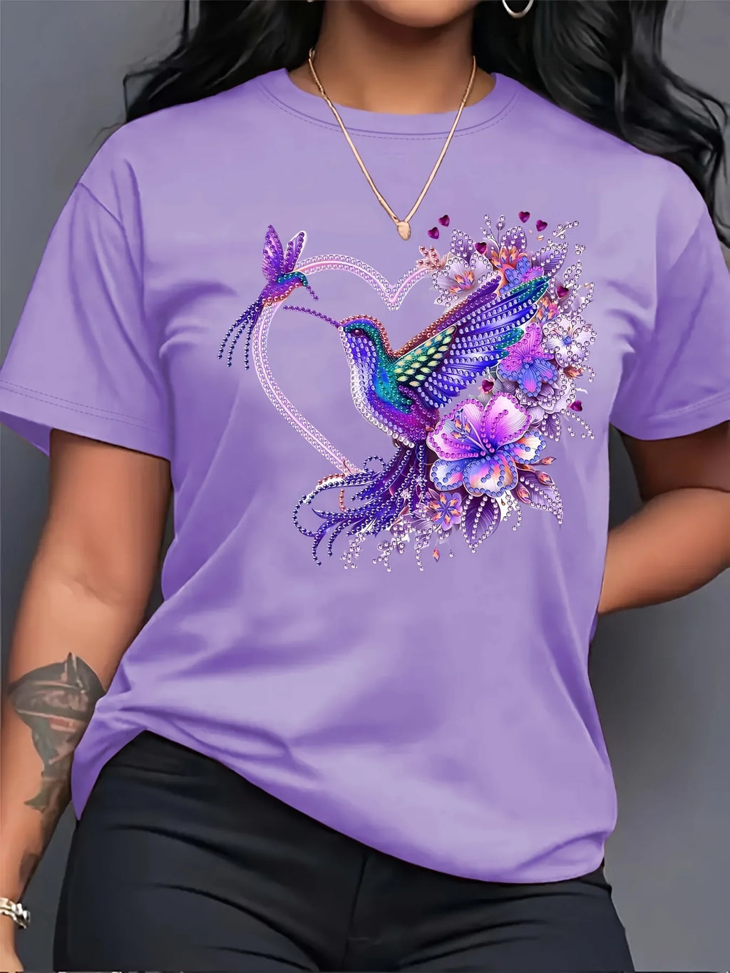 Floral Hummingbird Heart Women's Tee - Boho Graphic, Casual Pink Top